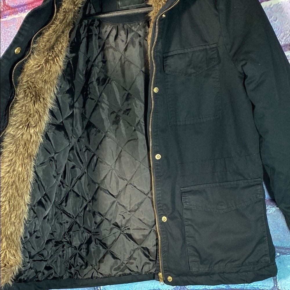 Miss London Faux Fur Hooded Parka Jacket Quilted - Small Black - Picture 7 of 9
